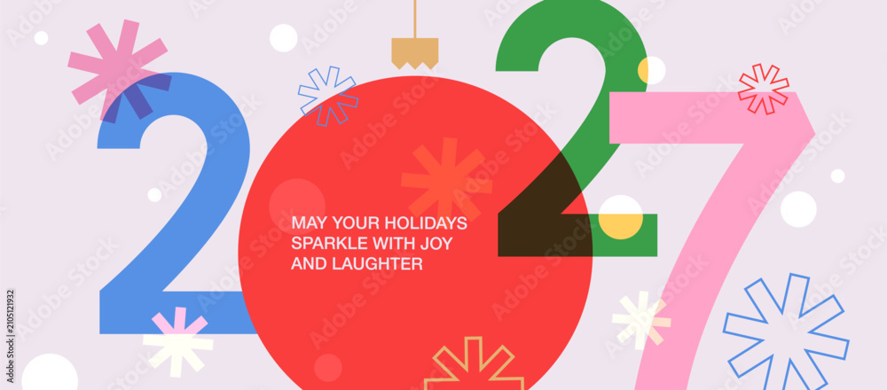Fototapeta premium Happy New Year 2027 greeting banner. Trendy modern Xmas design featuring 2027 typography bright overlay numbers, sparkles and snowflakes. Perfect template for greeting card, poster, banner, header, ad