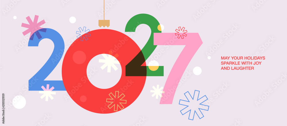 Fototapeta premium Happy New Year 2027 greeting banner. Trendy modern Xmas design featuring 2027 typography bright overlay numbers, sparkles and snowflakes. Perfect template for greeting card, poster, banner, header, ad