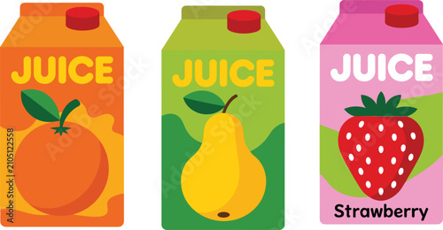 Fruit juice carton collection, colorful beverage packages for grocery, branding and packaging illustration designs