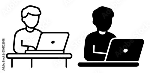 Black and white icon of a person sitting at a desk working on a laptop computer on transparent background