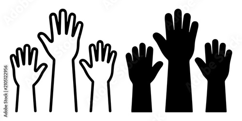 Foto Illustration of raised hands in black and white outline and silhouette style rep