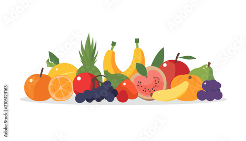 Photos A colorful collection of assorted fresh tropical fruits arranged together in a flat vector illustration