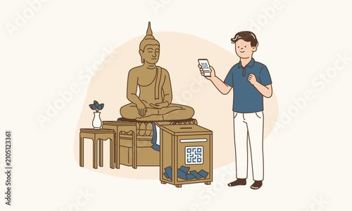 Foto Man Holding Smartphone to Scan QR Code for Online Donation in Front of Buddha St