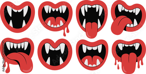 Scary vampire mouth collection, horror monster fangs for Halloween and spooky illustration design projects vector