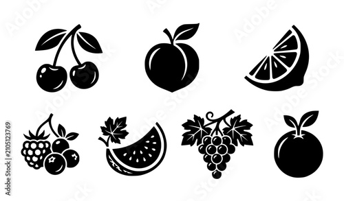 Bild auf Leinwand Fresh organic orchard berry and citrus fruit black silhouette vector icon set is