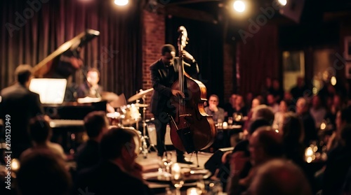 Intimate jazz club performance with a double bass player captivating a live audience in a soulful evening