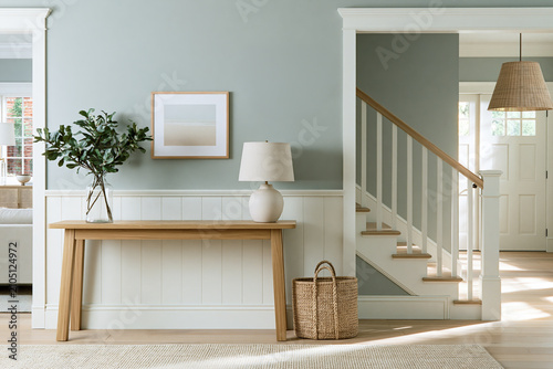 Modern Coastal foyer featuring dusty sage walls, bleached oak console table, and staircase with natural light illuminating the space