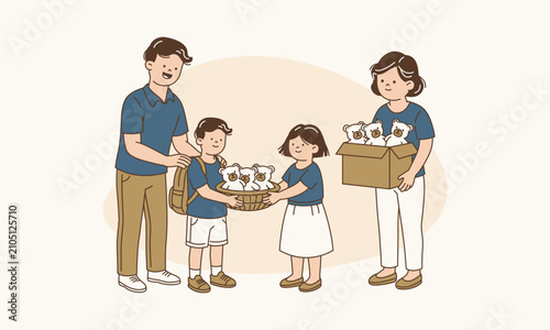 Quadro su tela Kind Parents Teaching Children to Donate Their Old Teddy Bear Toys to Other Kids