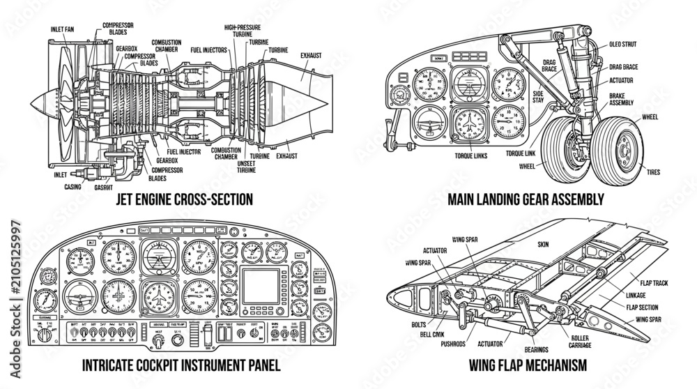 Obraz premium Technical diagrams of aircraft components showing jet engine, landing gear, cockpit panel and wing flap, perfect for educational textbooks, engineering design and aviation training