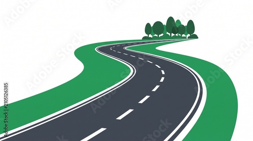 Winding asphalt road vector illustration with green grass and trees on white background, perfect for travel banners, roadmap presentations and environmental concepts