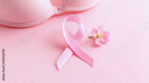Pink Ribbon With Daisy Flower On Pink Bra For Breast Cancer

