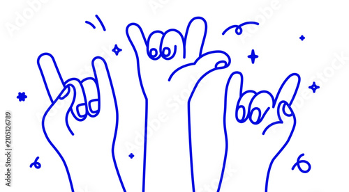 Vector hand drawn gestures, doodle sketchy illustrations, three hands showing  let's rock signs