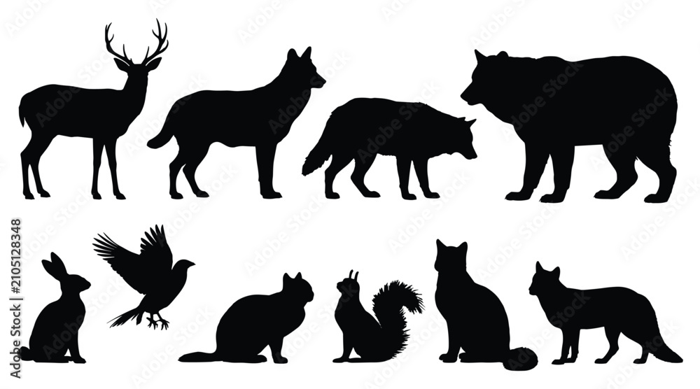 Obraz premium Wild animal silhouettes set featuring deer wolf bear fox squirrel rabbit and bird silhouette wildlife squirrel woodland creature collection