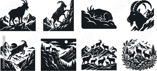Foto Mountain Goat Wildlife Silhouette Collection with Alpine Nature and Rocky Landsc