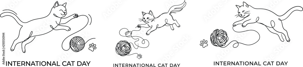Fototapeta premium International cat day line art playful cats with yarn balls