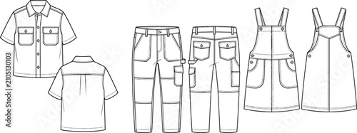 Foto Fashion technical flat sketch set of utility short sleeve shirt cargo pants and
