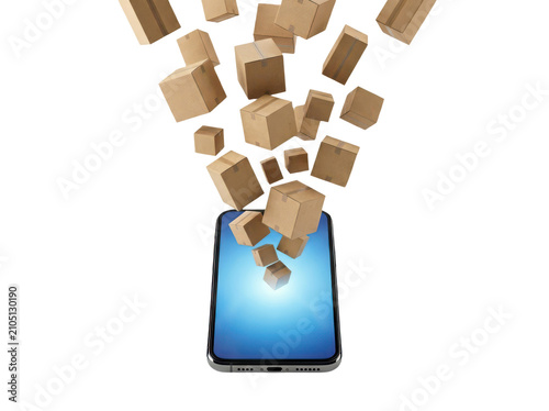 Smartphone ecommerce concept with multiple boxes falling into display screen.