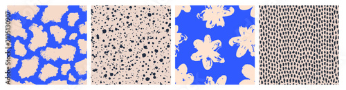 Abstract seamless patterns set with hand-drawn spots, dots, splatter texture,...