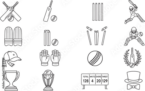 Professional Cricket Equipment and Match Icons Set Vector