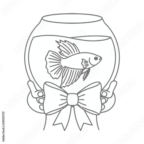 Betta fish in a bowl with a bow held by hands