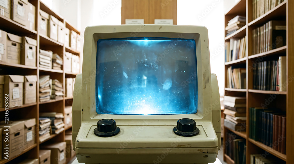 Fototapeta premium Vintage microfilm machine with glowing blue screen sits on wooden desk inside quiet library filled with stacks of document storage boxes and wooden bookshelves in background.