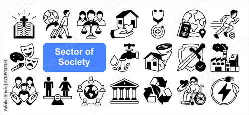 Konstfotografi Sector of Society icon set, with Migration, Disaster, Defen.