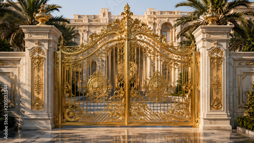 Royal Luxury Golden Main Gate with Ornate Decorative Metalwork and Grand Palace Style Entrance Architecture