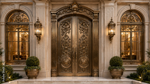 Royal Luxury Antique Brass Double Entrance Door with Bronze Windows and Elegant Classical Residential Architecture