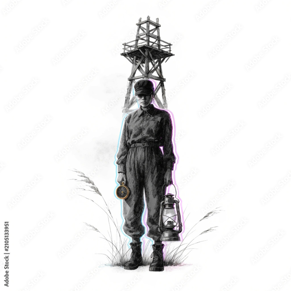 Fototapeta premium Mysterious figure holding lantern in eerie field. Dark silhouette with ghostly tower backdrop, vintage horror illustration.