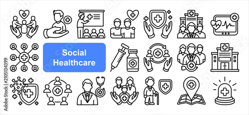 Bild auf Leinwand Social Healthcare icon set, with Community Care, Health Community, Health Network, Care Circle