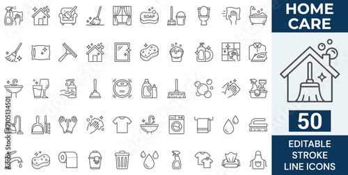 Home Care Line Icon Set. 50 Editable Stroke Icons of House Cleaning Services, Domestic Hygiene, Laundry, Vacuum Cleaner, Mop, Bucket, Detergent, and Sanitation, Vector Symbols.
