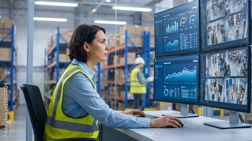 Warehouse logistics monitoring security control room surveillance manager working computer monitors inside distribution center