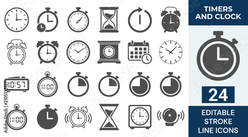 Timers and Clock Line Icon Set. 24 Editable Stroke Icons of Time Tracking, Countdown, Stopwatch, Chronometer, Alarm, Hourglass, Calendar, and Schedule Management, Vector Outline Symbols.