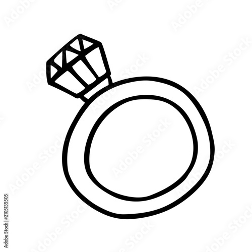 Hand drawn engagement ring with classic geometric diamond doodle line art, cute wedding luxury jewelry sketch icon, funny valentines day proposal and marriage concept. Isolated vector illustration.