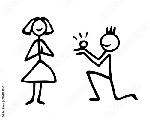 Stick figure man kneeling and making marriage proposal to woman doodle line art, funny couple engagement with diamond ring sketch, cute valentines day wedding concept. Isolated vector illustration.