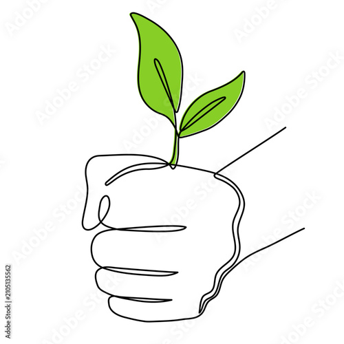 Human fist hand holding growing green plant sprout one line art, environmental protection continuous line drawing, ecology and sustainability concept. Editable stroke. Isolated vector illustration.