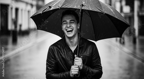 Joyful Young Man Laughing Under an Umbrella in the Rain