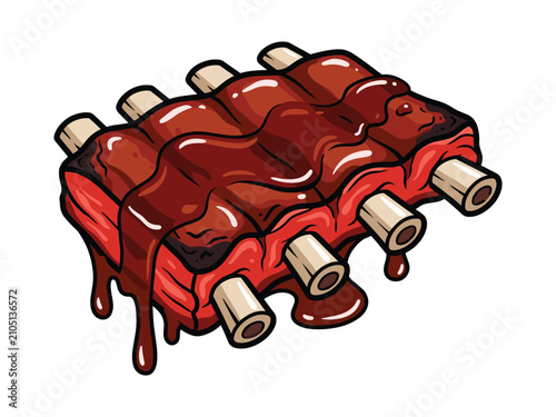 BBQ Beef Ribs and Brisket Vector Illustration, Smoked Barbecue Meat with Sauce for Restaurant Menu