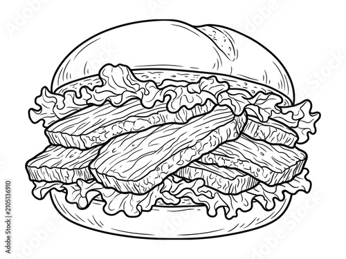 Smoked Brisket Burger Vector Illustration, BBQ Beef Sandwich Line Art for Restaurant Menu