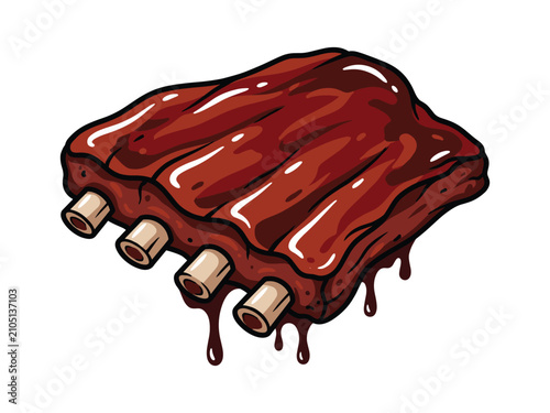 Smoked BBQ Beef Ribs and Brisket Vector Illustration, Glazed Barbecue Meat for Restaurant Menu