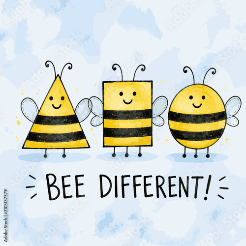 Принти на полотні Playful watercolor illustration of three smiling geometric bees in triangular, s