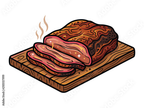 Smoked Beef Brisket on Wooden Cutting Board Vector Illustration for BBQ Restaurant Menu