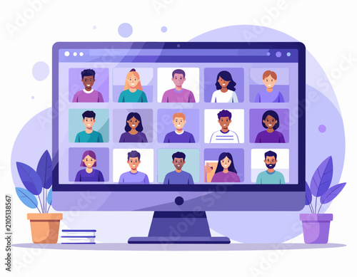 Online Video Conference Meeting with Diverse People on Computer Screen.