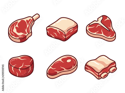 Premium Beef Steak and Brisket Cuts Collection Vector Illustration, Butcher Meat Set for Restaurant Menu
