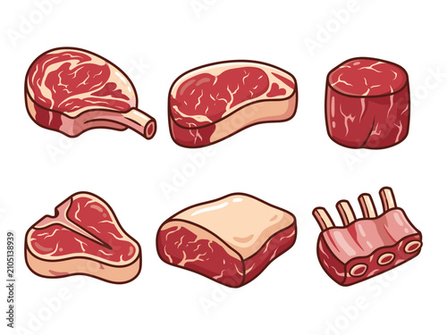 Premium Beef Steak and Brisket Cuts Collection Vector Illustration, Butcher Meat Set for Menu and Butcher Shop