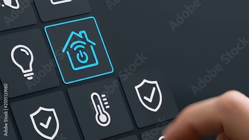 Smart home control button on keyboard with finger pressing technology for home automation security system digital interface managing lighting and temperature system