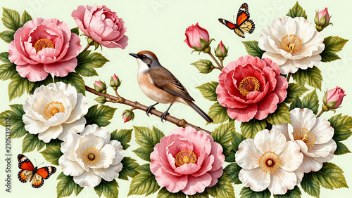 Vintage botanical illustration of a bird on a flowering rose branch with butterflies