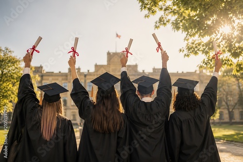 Graduates with diplomas celebrating success in front of university building during golden hour sunset