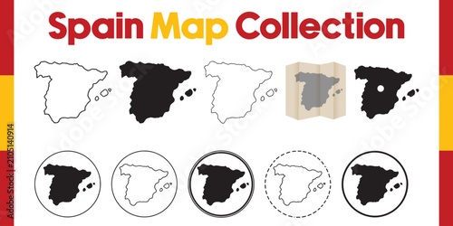 Premium Spain Map Collection Vector Set with Outline Silhouette Folded Map Location Pin and Circular Badge Isolated on White Background