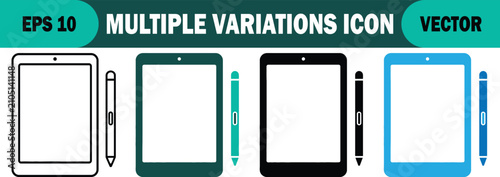 Schilderij op canvas Professional graphics tablet and stylus pen icon set in four varied design style